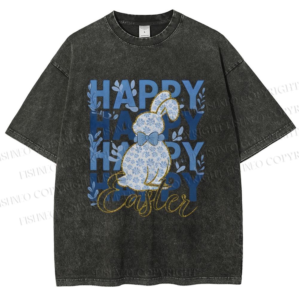 Unisex Happy Easter Floral Bunny Printed Washed Tee