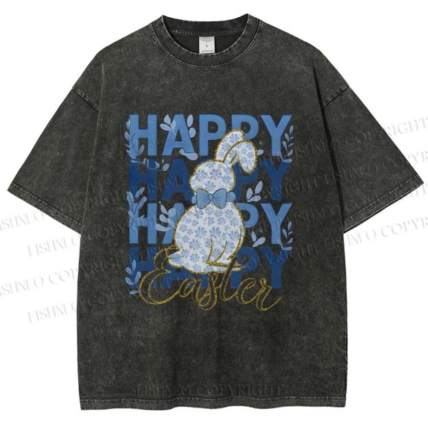 Unisex Happy Easter Floral Bunny Printed Washed Tee