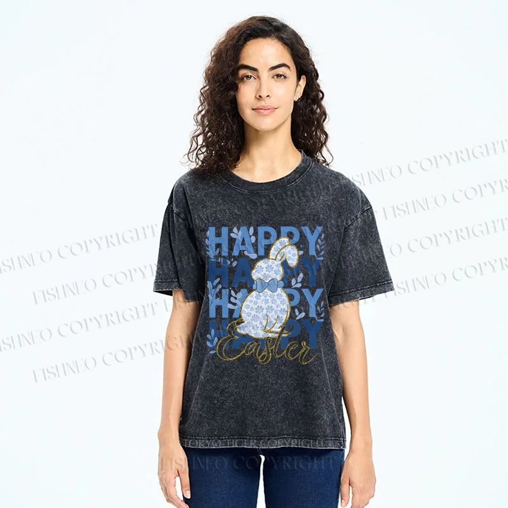 Unisex Happy Easter Floral Bunny Printed Washed Tee