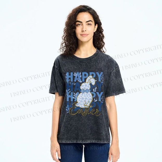 Unisex Happy Easter Floral Bunny Printed Washed Tee