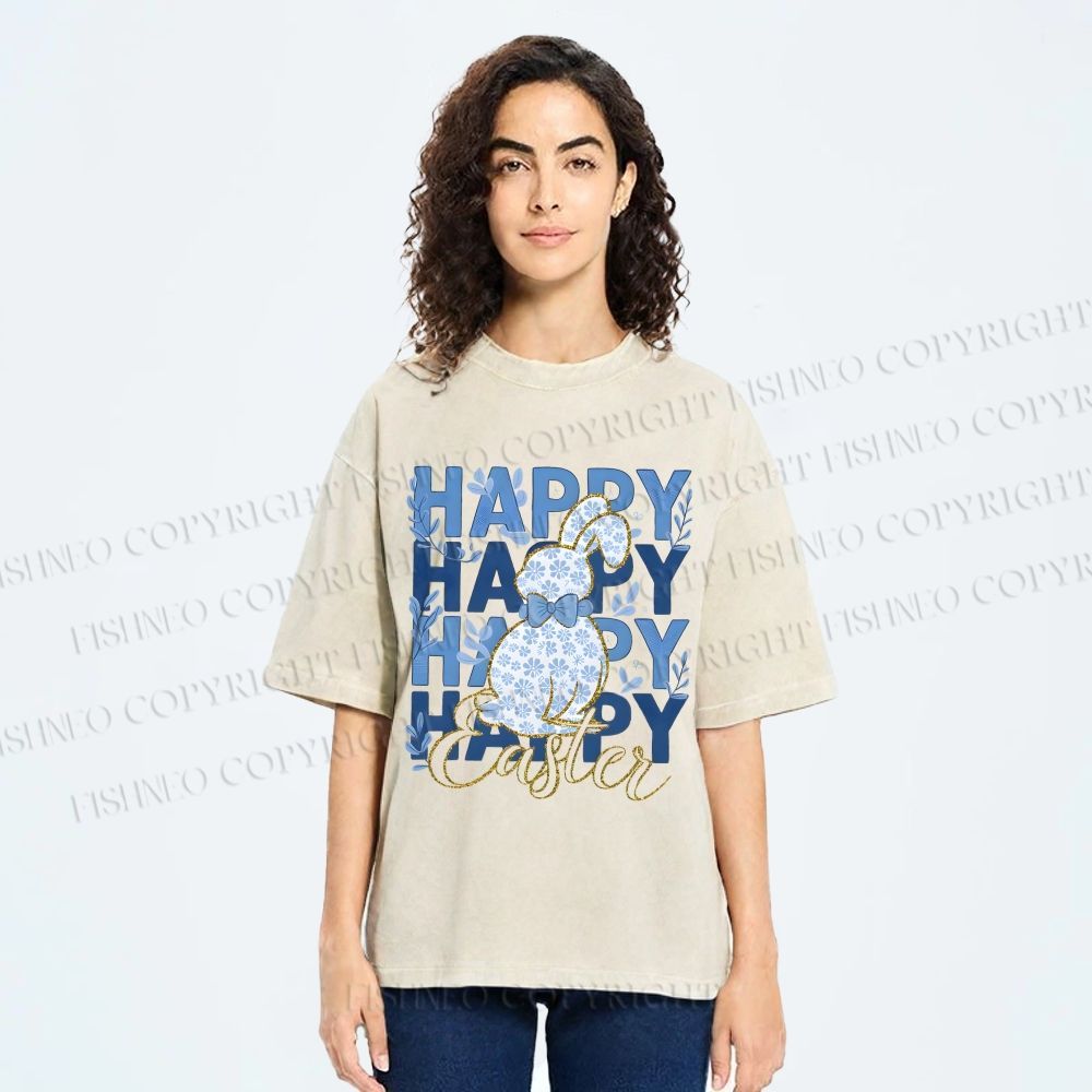 Unisex Happy Easter Floral Bunny Printed Washed Tee
