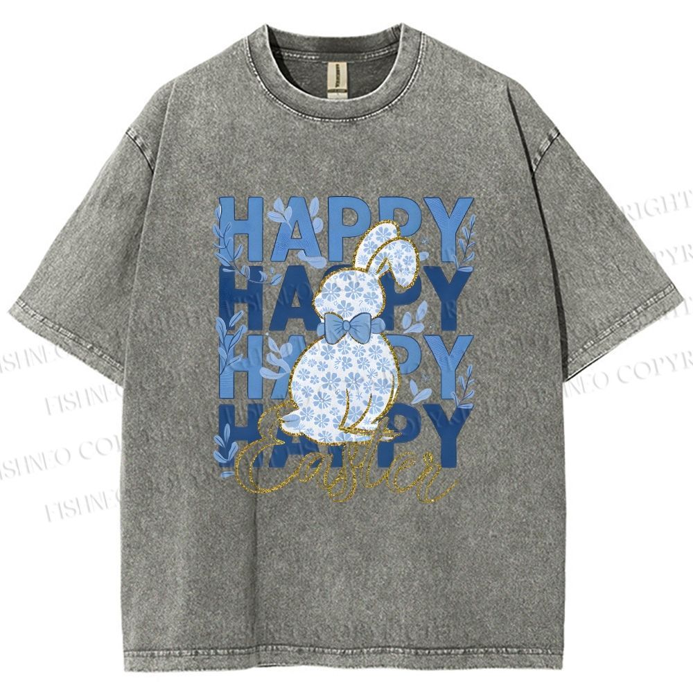 Unisex Happy Easter Floral Bunny Printed Washed Tee