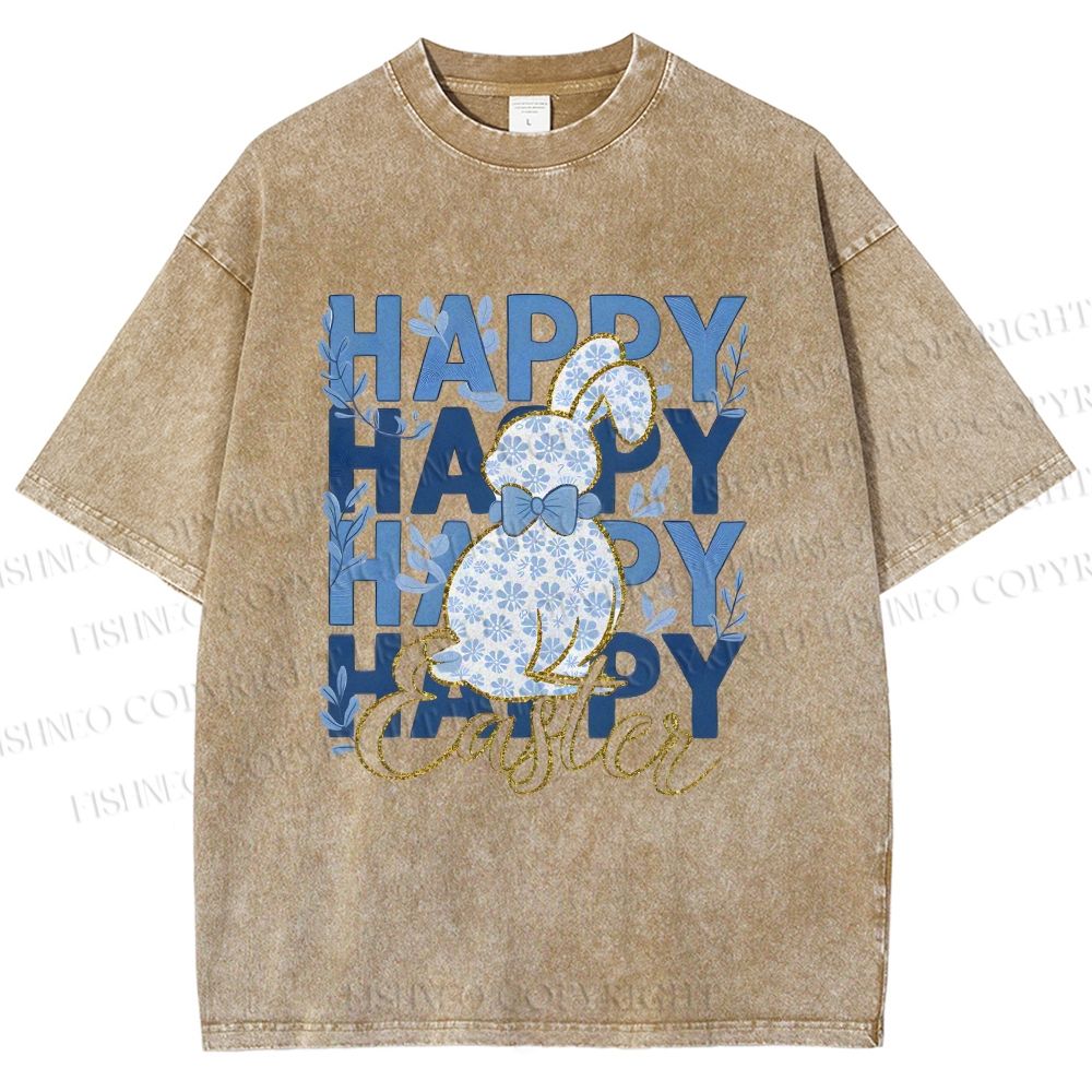Unisex Happy Easter Floral Bunny Printed Washed Tee