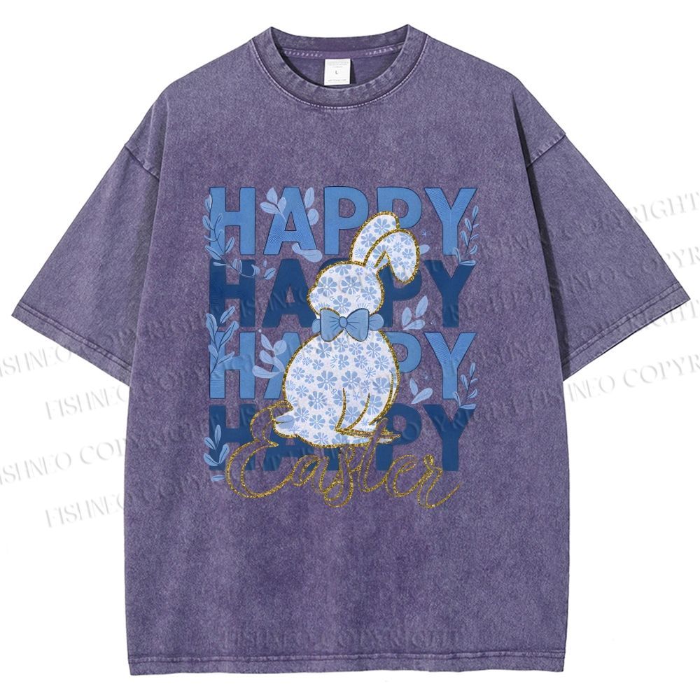 Unisex Happy Easter Floral Bunny Printed Washed Tee