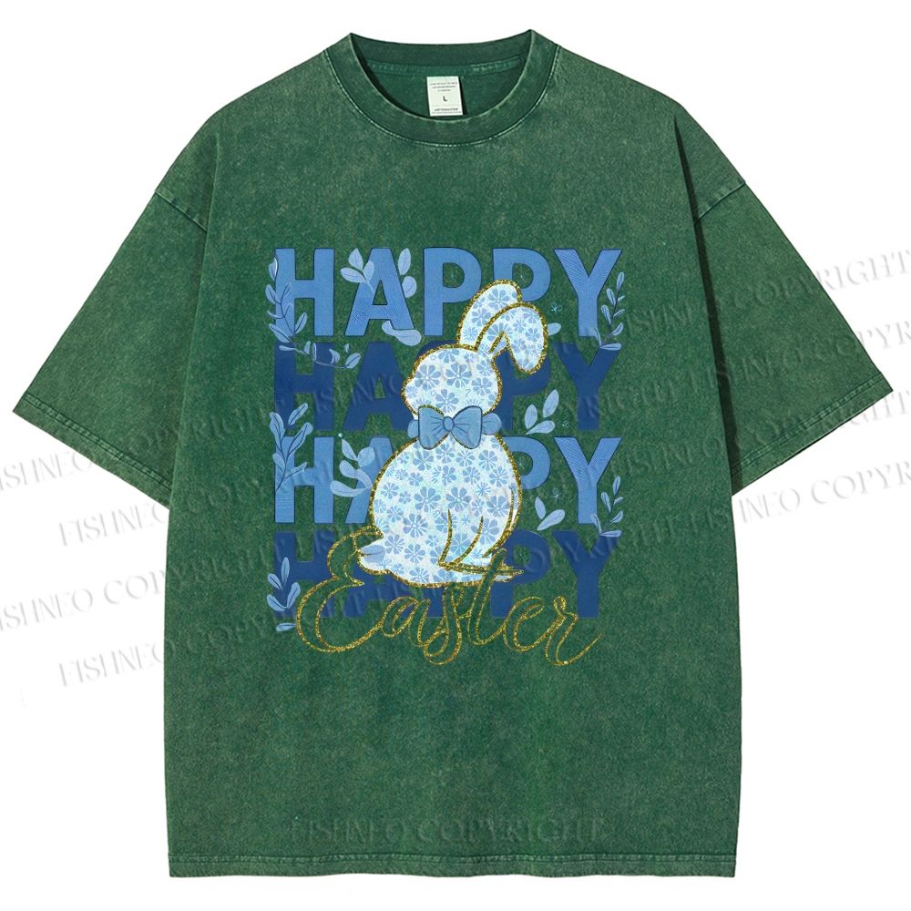 Unisex Happy Easter Floral Bunny Printed Washed Tee
