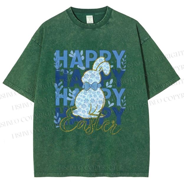 Unisex Happy Easter Floral Bunny Printed Washed Tee