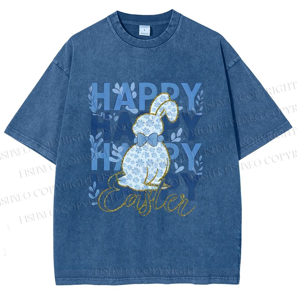 Unisex Happy Easter Floral Bunny Printed Washed Tee