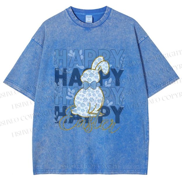 Unisex Happy Easter Floral Bunny Printed Washed Tee