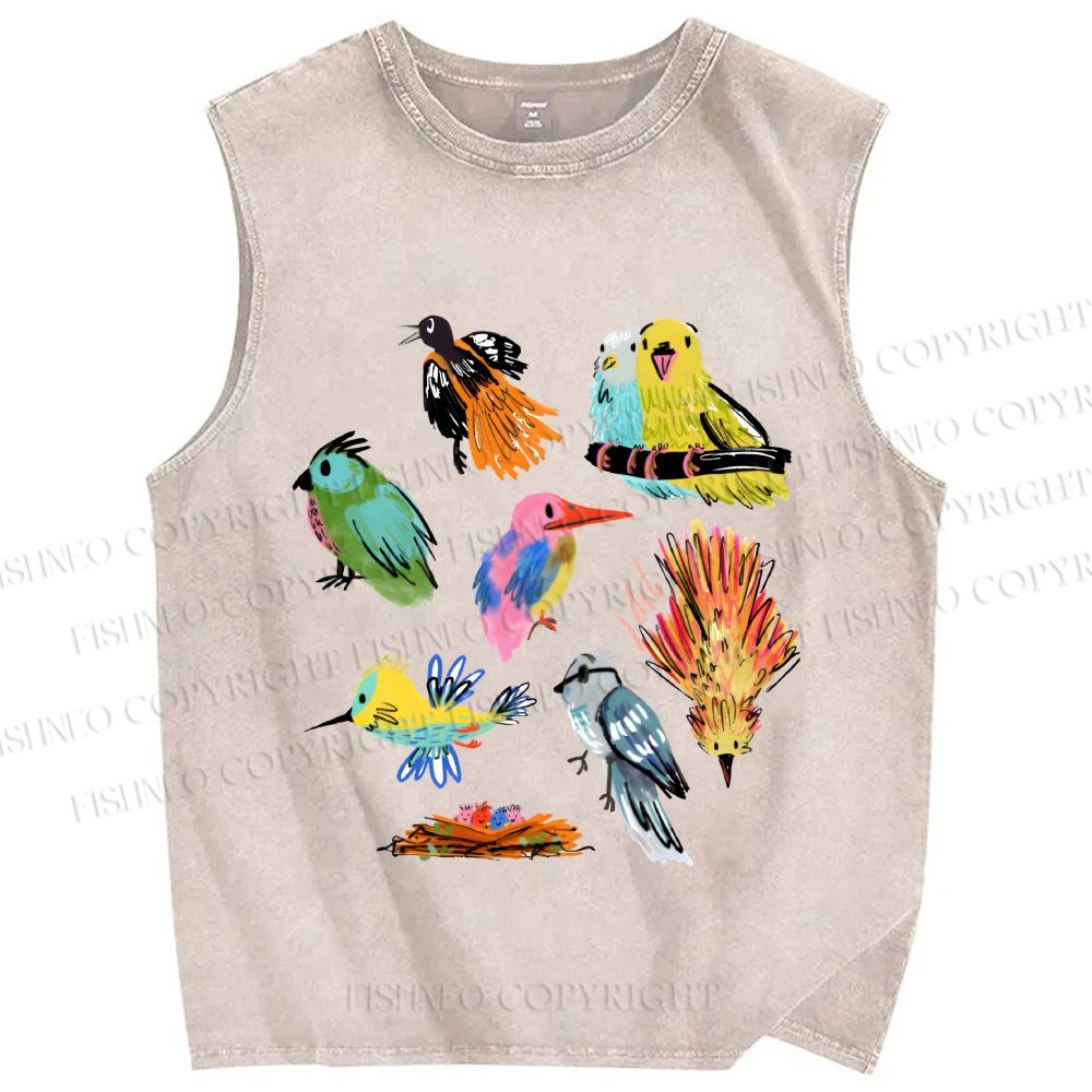 Unisex Multicolor Birds Printed Washed Tank Top