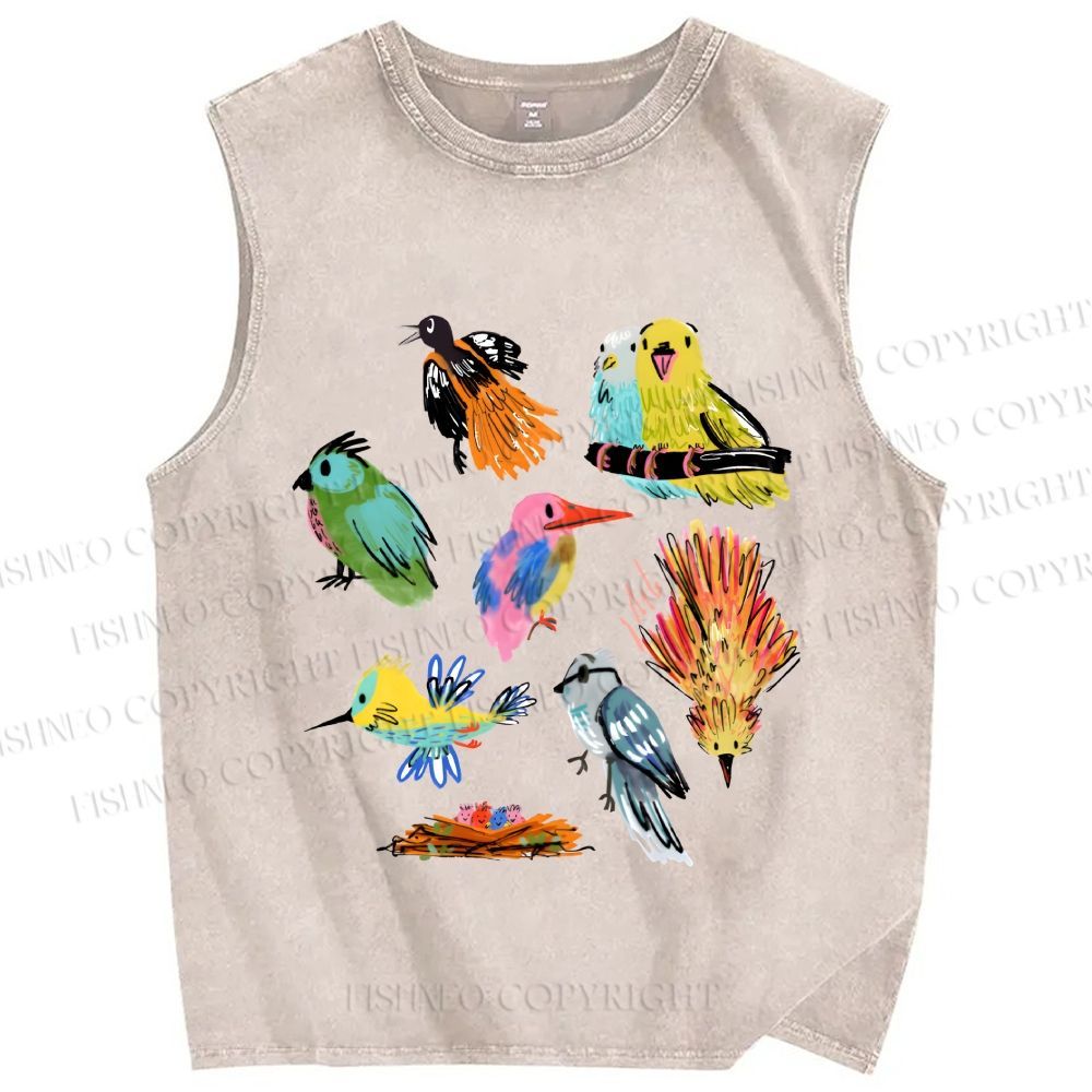 Unisex Multicolor Birds Printed Washed Tank Top