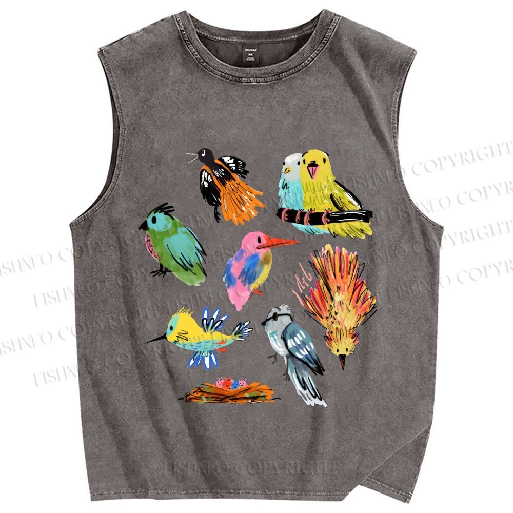 Unisex Multicolor Birds Printed Washed Tank Top