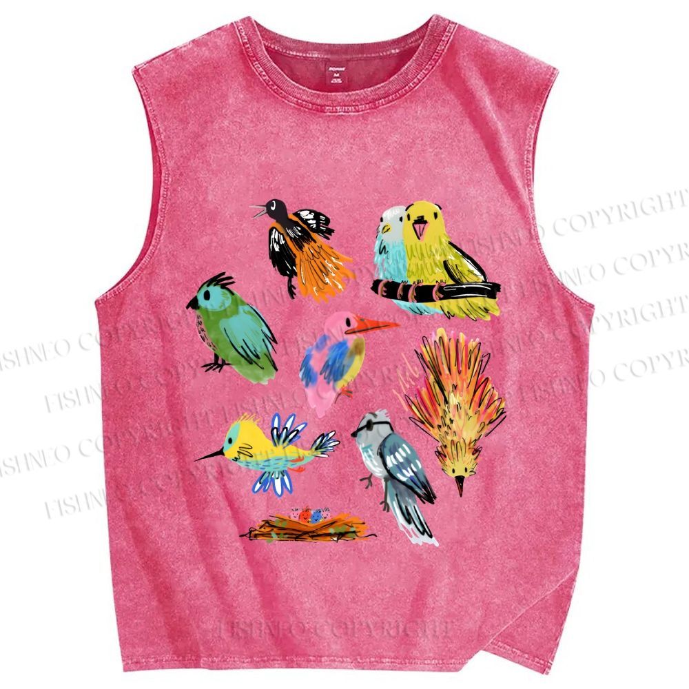 Unisex Multicolor Birds Printed Washed Tank Top