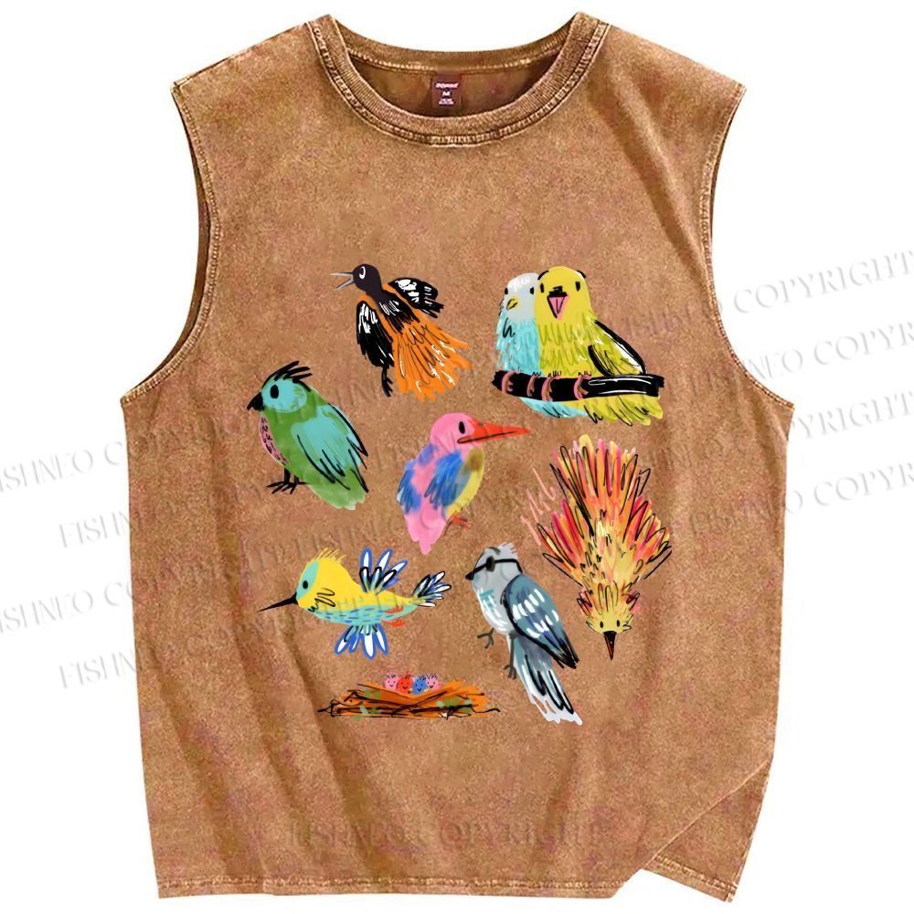 Unisex Multicolor Birds Printed Washed Tank Top