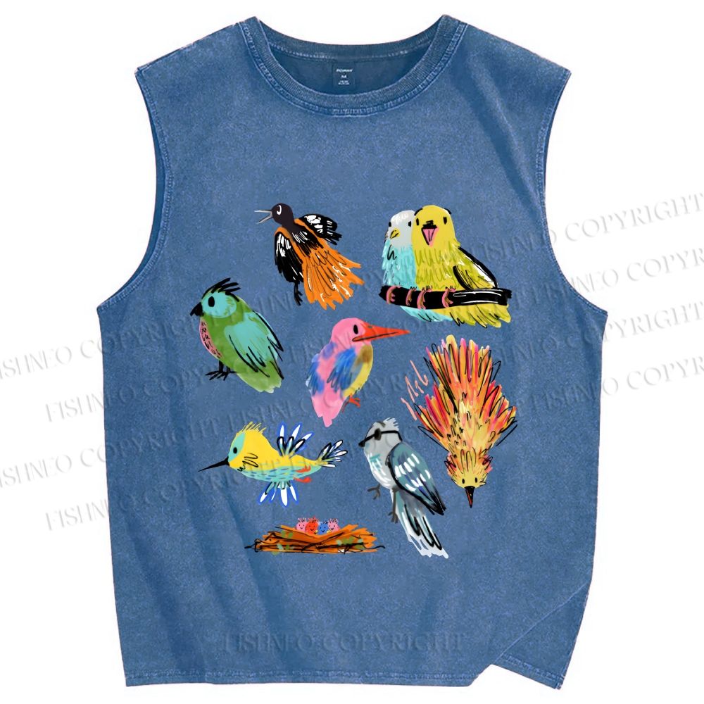 Unisex Multicolor Birds Printed Washed Tank Top