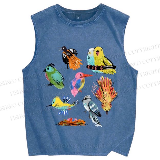 Unisex Multicolor Birds Printed Washed Tank Top