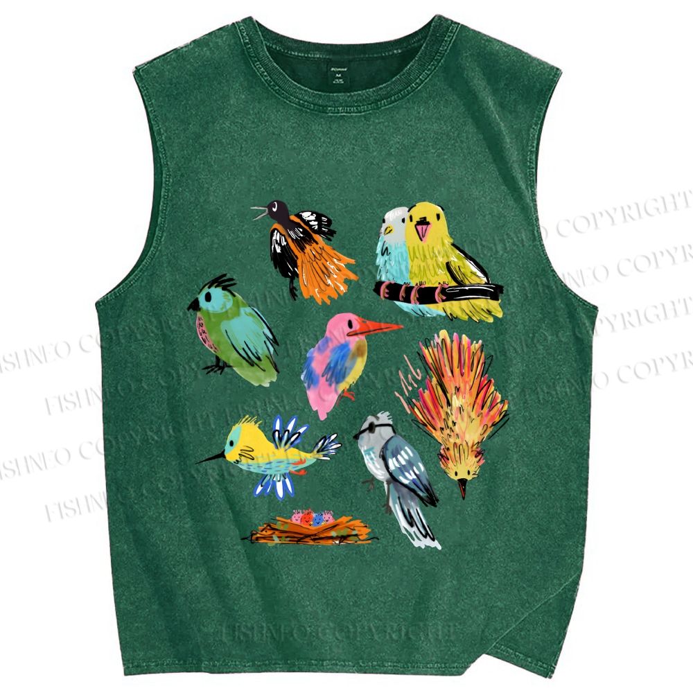 Unisex Multicolor Birds Printed Washed Tank Top