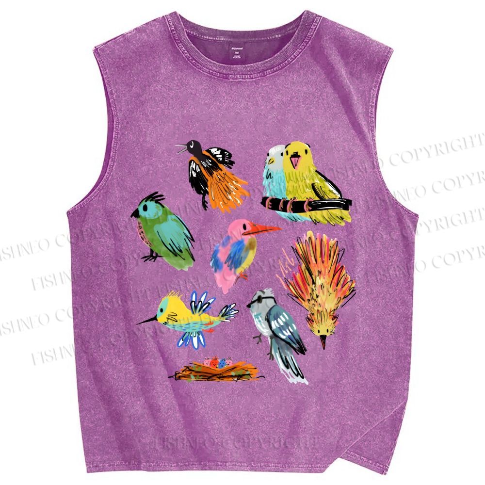 Unisex Multicolor Birds Printed Washed Tank Top