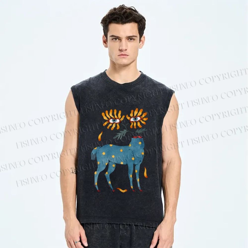 Unisex Blue Horse With No Head But Flowers Printed Washed Tank Top