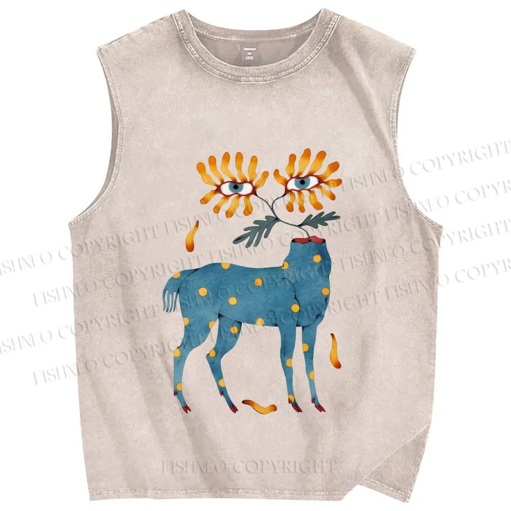 Unisex Blue Horse With No Head But Flowers Printed Washed Tank Top