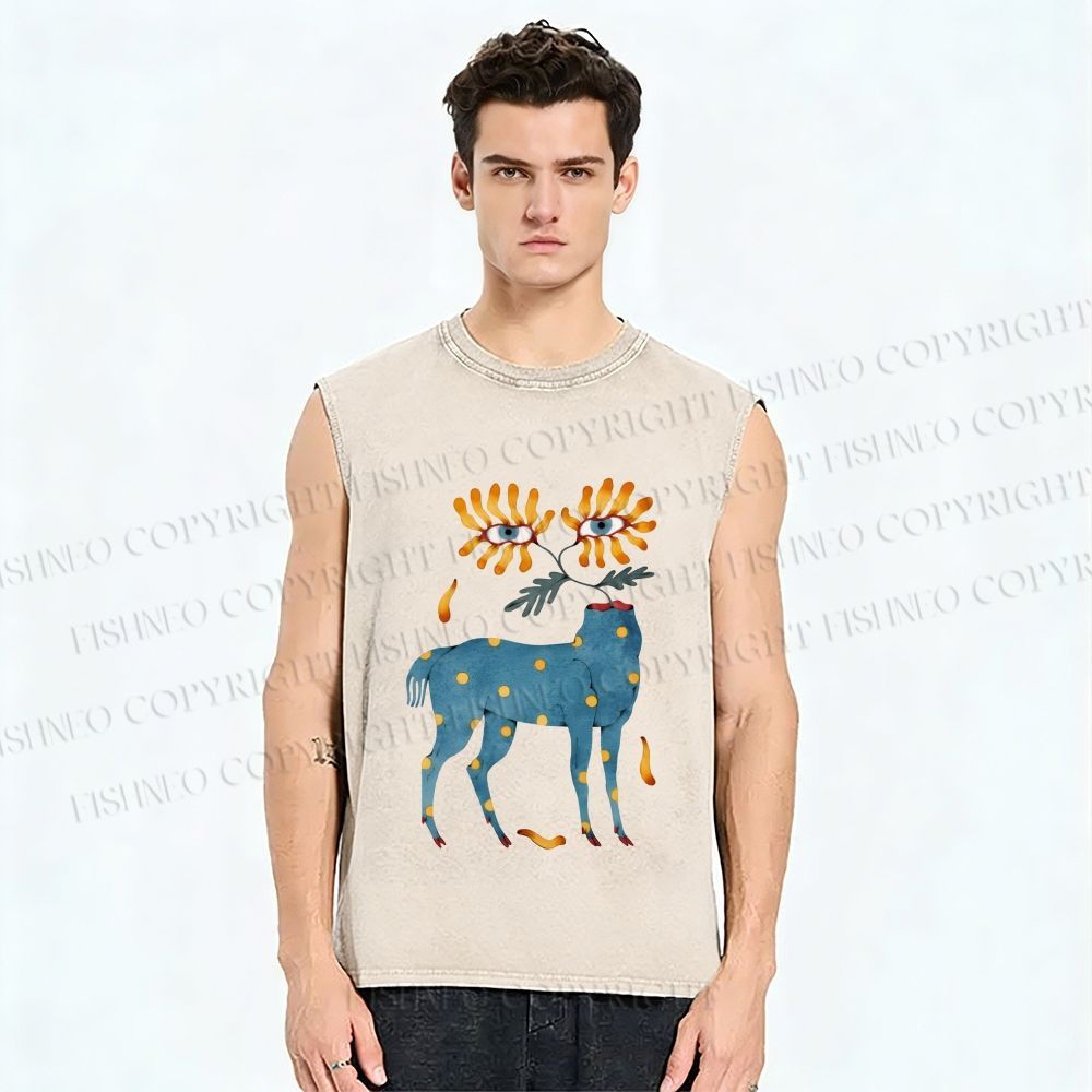 Unisex Blue Horse With No Head But Flowers Printed Washed Tank Top