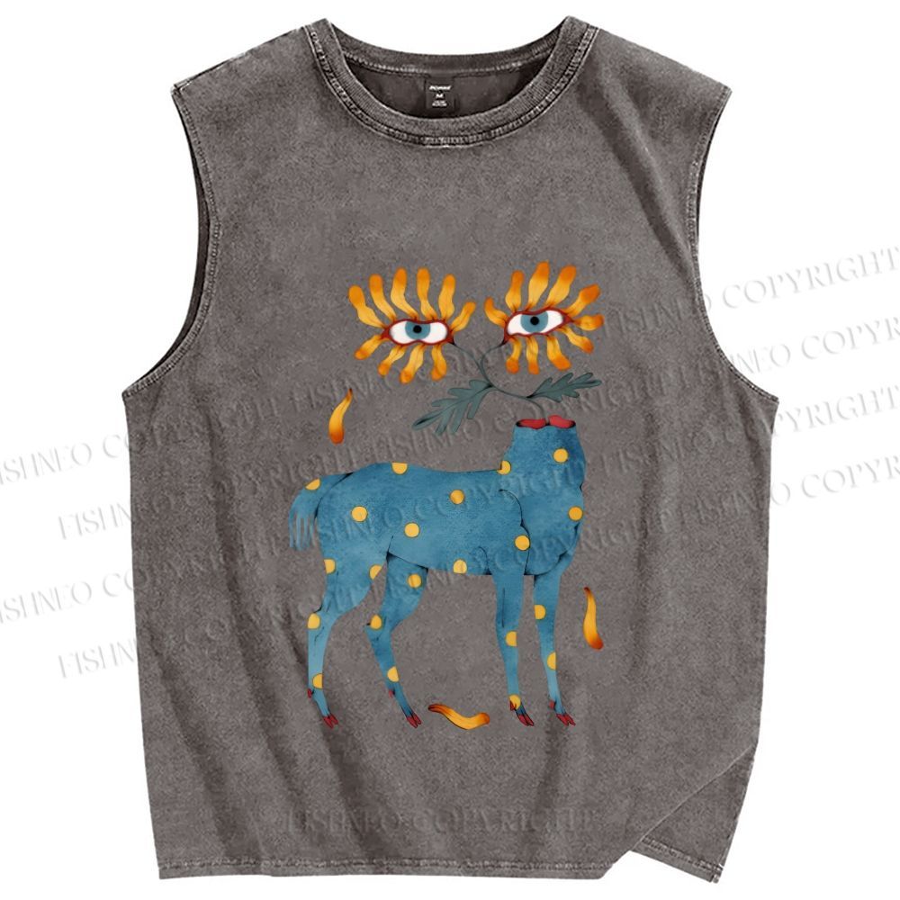 Unisex Blue Horse With No Head But Flowers Printed Washed Tank Top