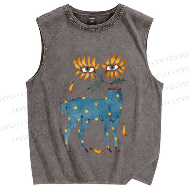 Unisex Blue Horse With No Head But Flowers Printed Washed Tank Top