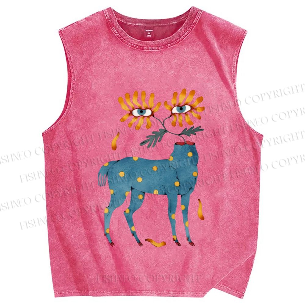Unisex Blue Horse With No Head But Flowers Printed Washed Tank Top
