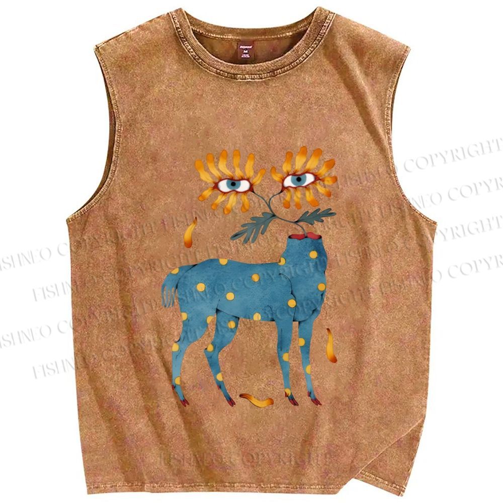 Unisex Blue Horse With No Head But Flowers Printed Washed Tank Top