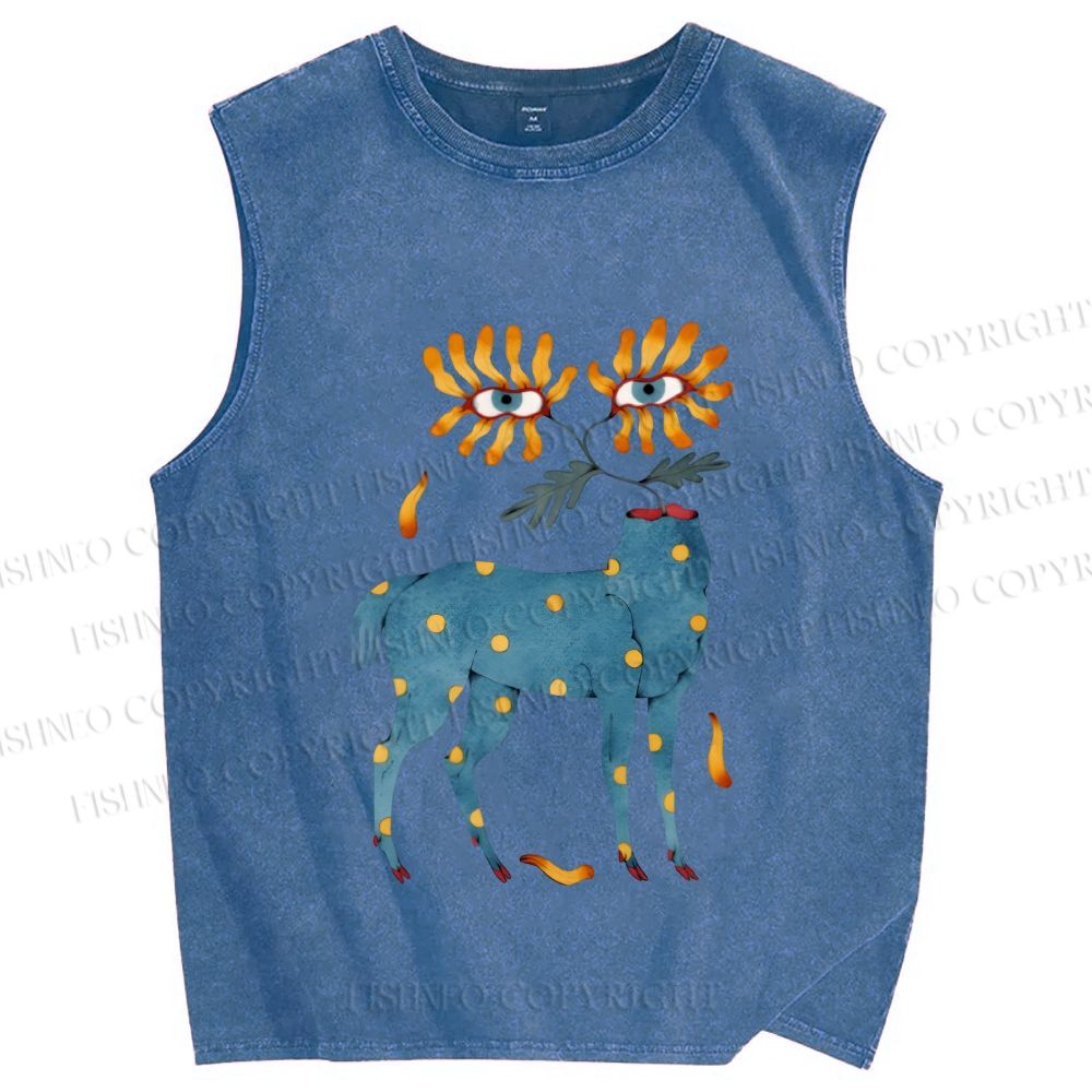 Unisex Blue Horse With No Head But Flowers Printed Washed Tank Top