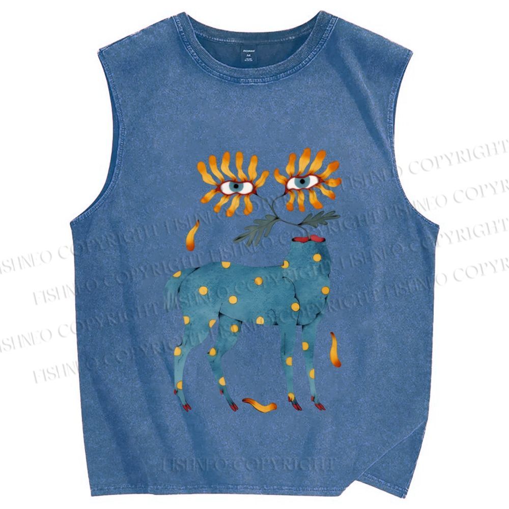 Unisex Blue Horse With No Head But Flowers Printed Washed Tank Top