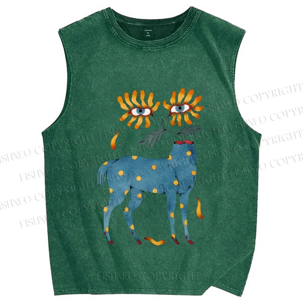 Unisex Blue Horse With No Head But Flowers Printed Washed Tank Top