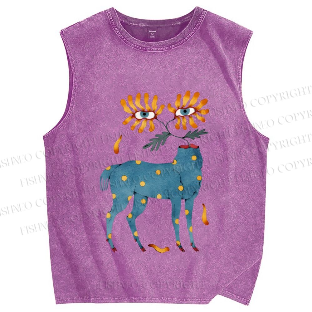 Unisex Blue Horse With No Head But Flowers Printed Washed Tank Top