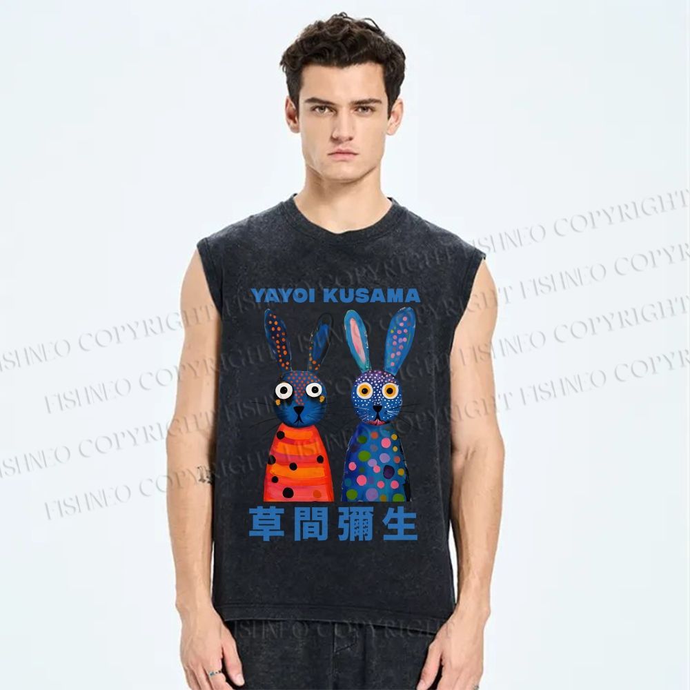 Unisex Yayoi Kusama Rabbits Printed Washed Tank Top