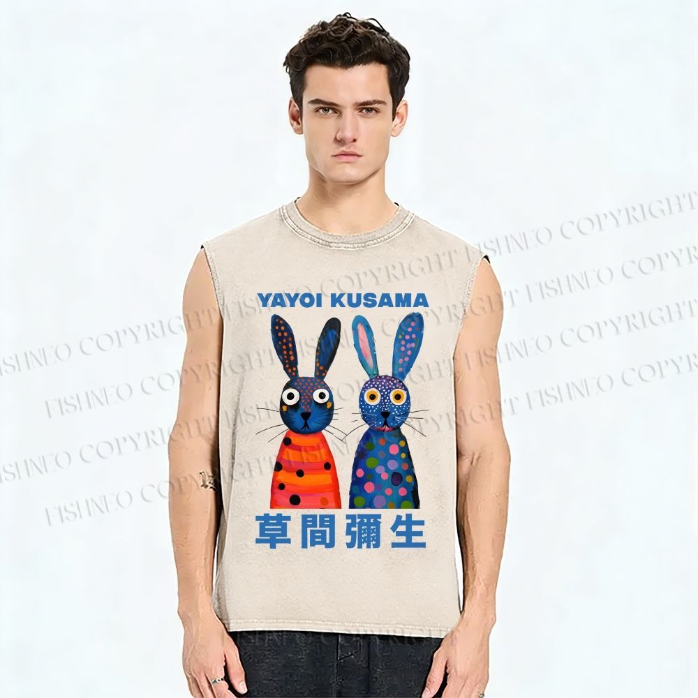Unisex Yayoi Kusama Rabbits Printed Washed Tank Top