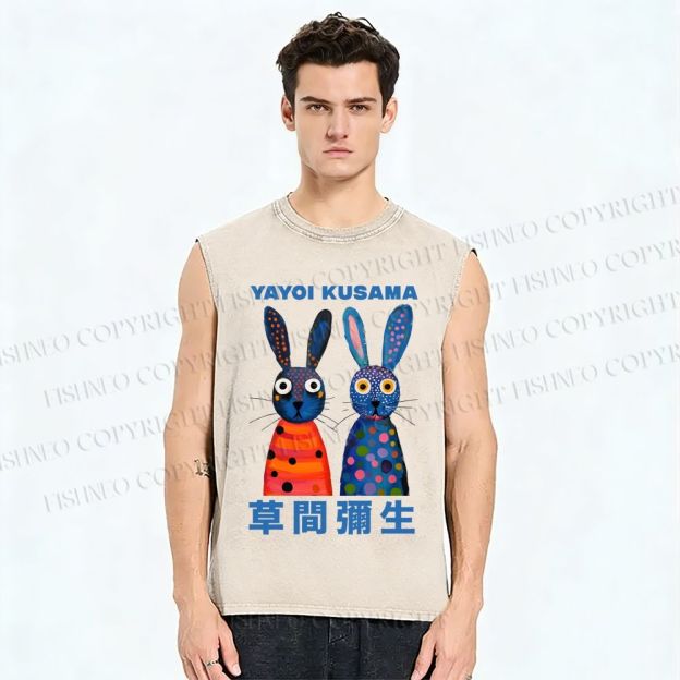 Unisex Yayoi Kusama Rabbits Printed Washed Tank Top