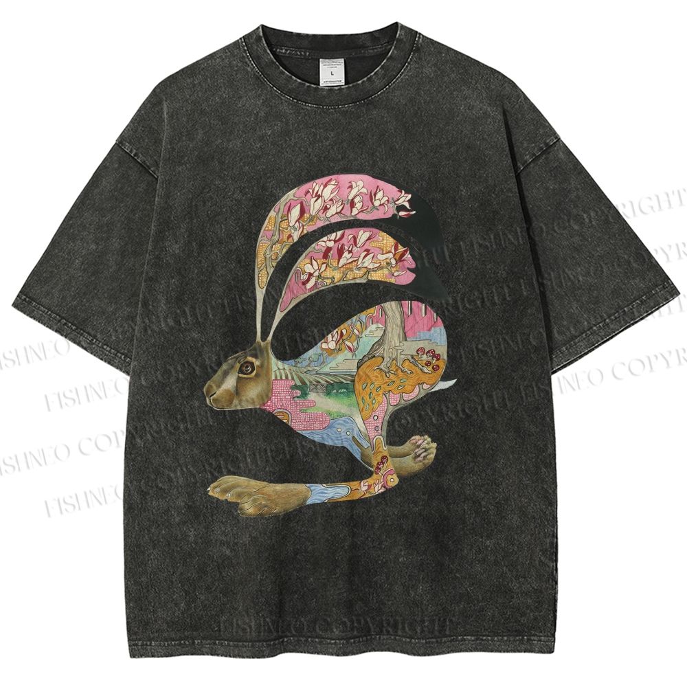 Unisex Floral Patchwork Hare Printed Washed Tee