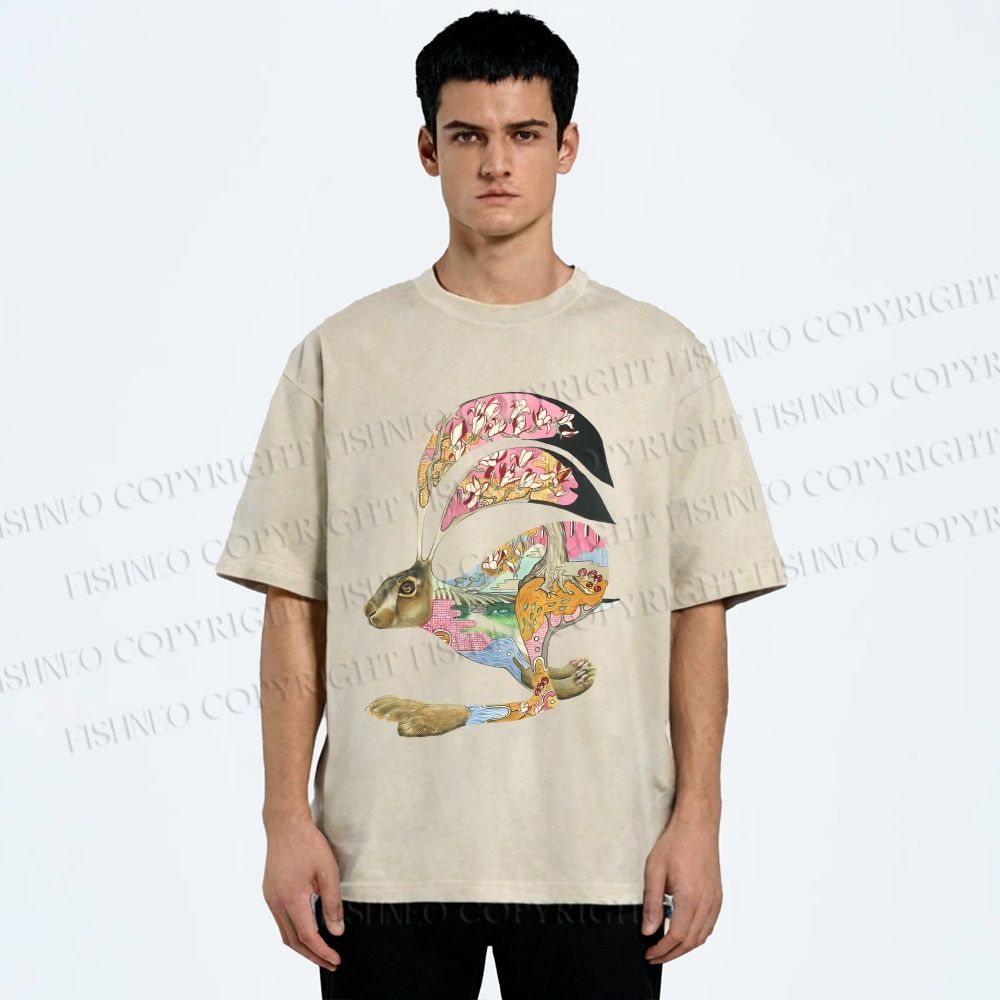 Unisex Floral Patchwork Hare Printed Washed Tee