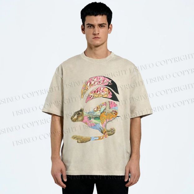 Unisex Floral Patchwork Hare Printed Washed Tee