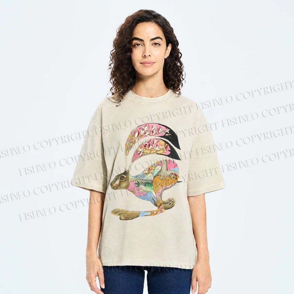 Unisex Floral Patchwork Hare Printed Washed Tee
