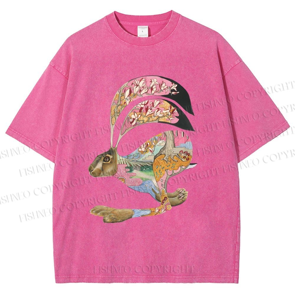 Unisex Floral Patchwork Hare Printed Washed Tee
