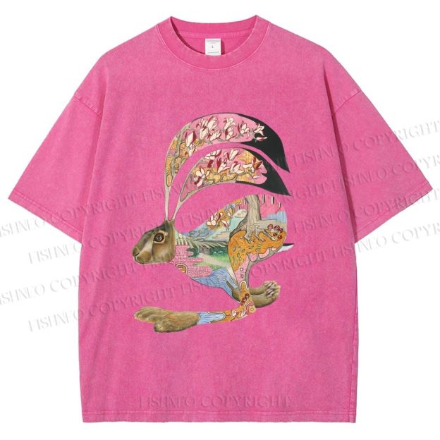 Unisex Floral Patchwork Hare Printed Washed Tee