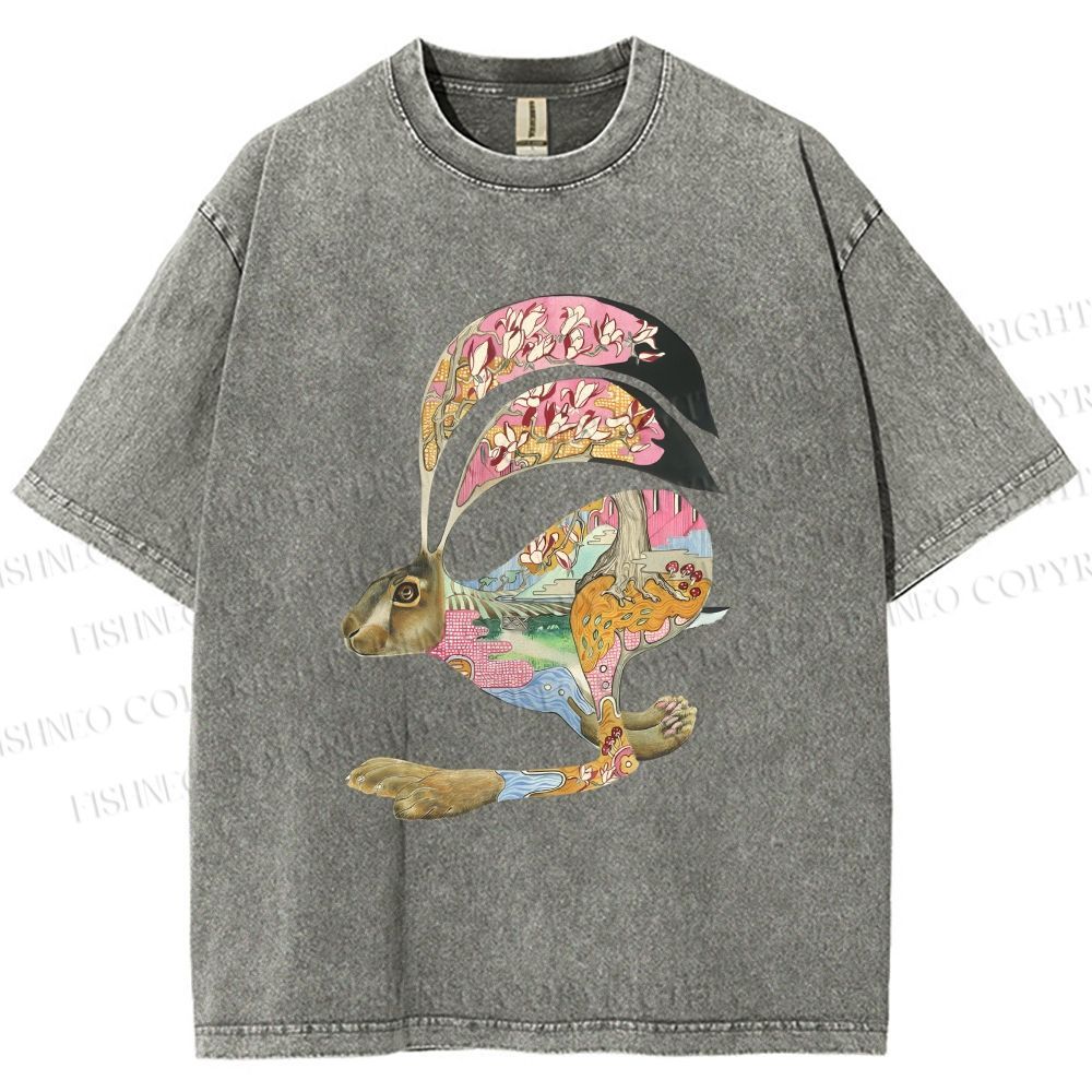 Unisex Floral Patchwork Hare Printed Washed Tee