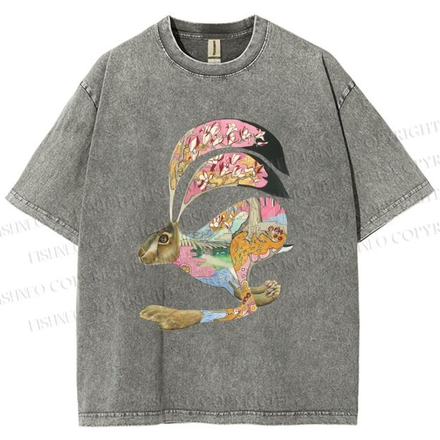 Unisex Floral Patchwork Hare Printed Washed Tee