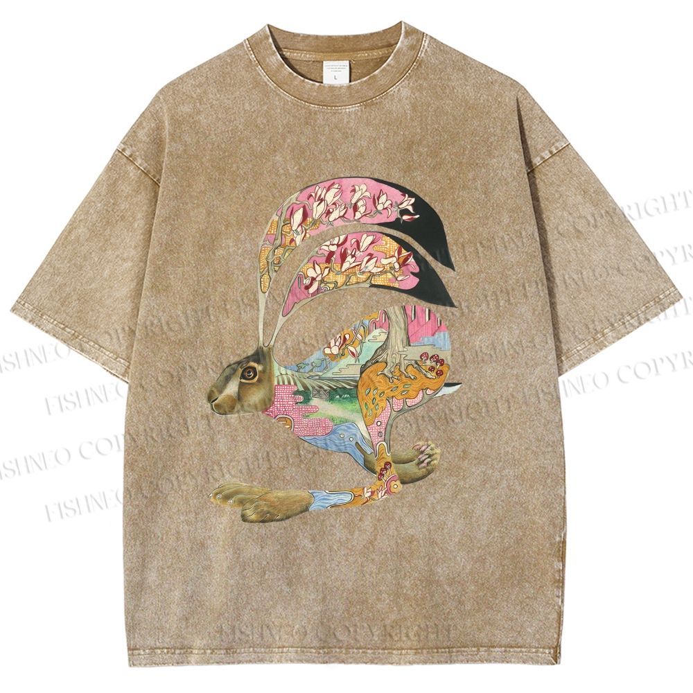 Unisex Floral Patchwork Hare Printed Washed Tee