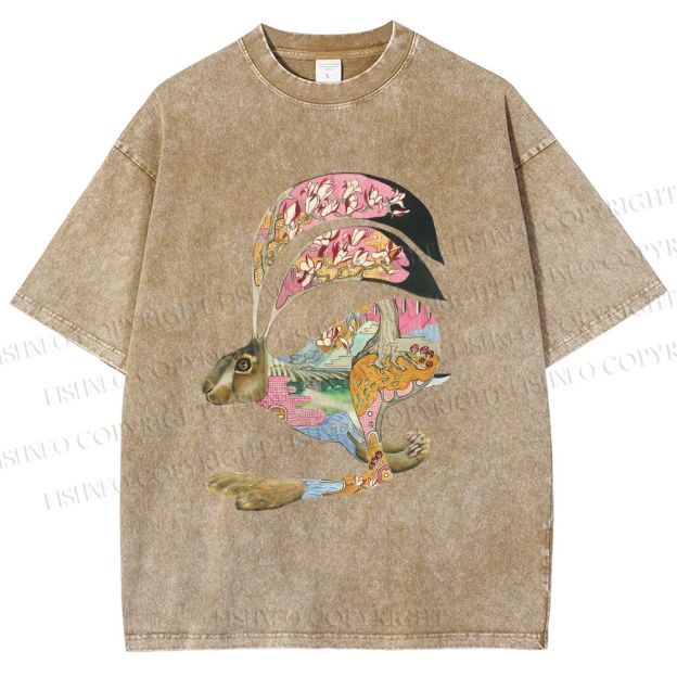 Unisex Floral Patchwork Hare Printed Washed Tee