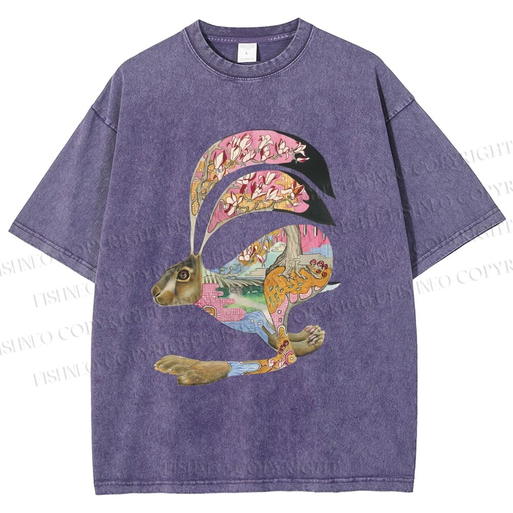 Unisex Floral Patchwork Hare Printed Washed Tee
