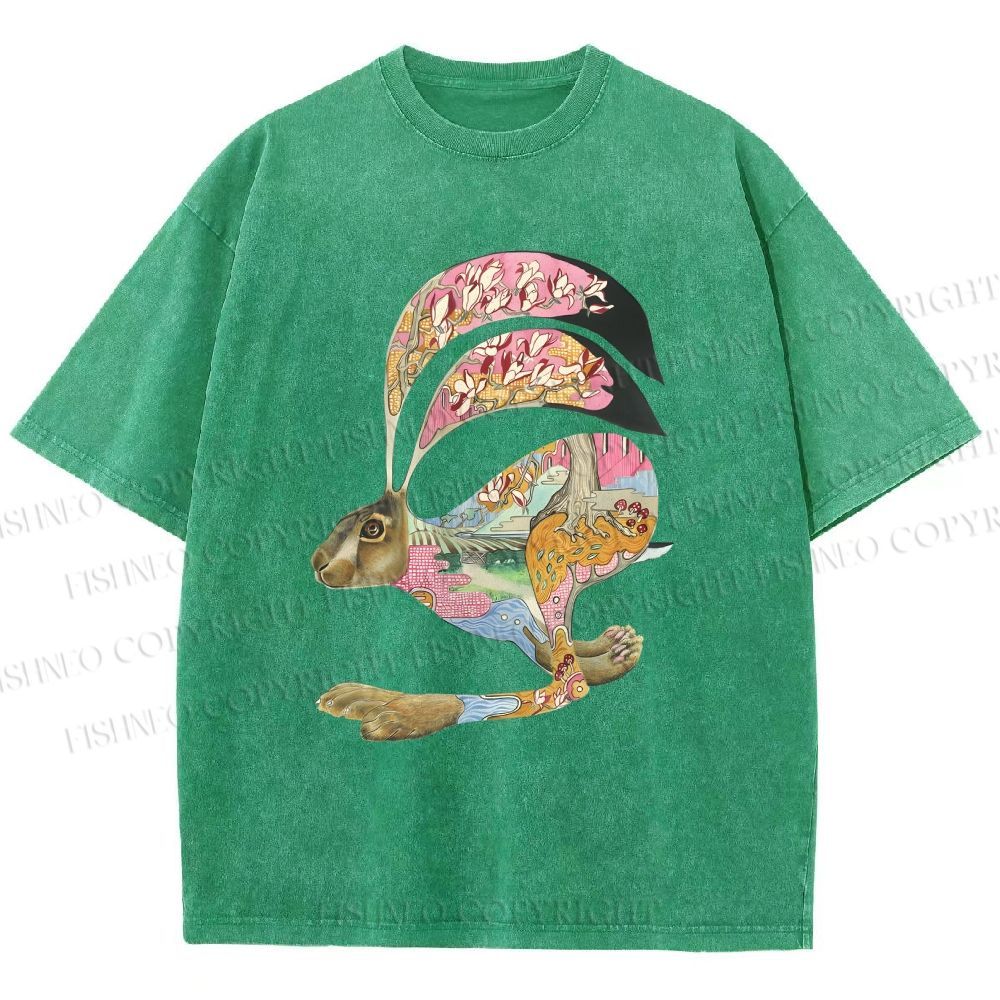 Unisex Floral Patchwork Hare Printed Washed Tee
