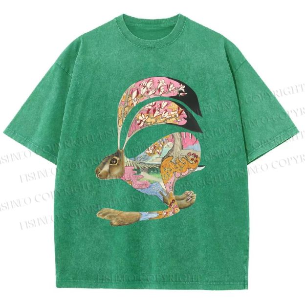 Unisex Floral Patchwork Hare Printed Washed Tee