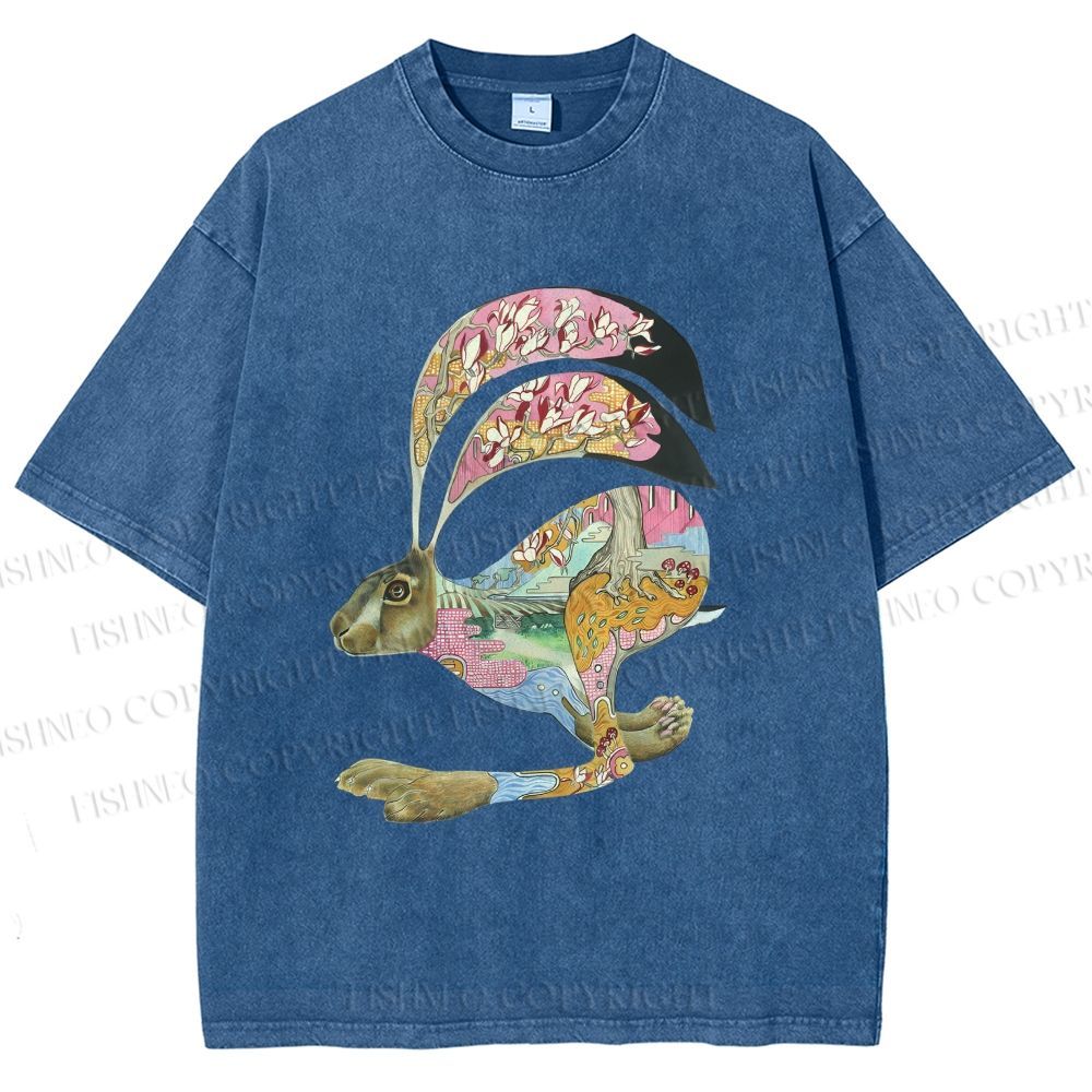 Unisex Floral Patchwork Hare Printed Washed Tee