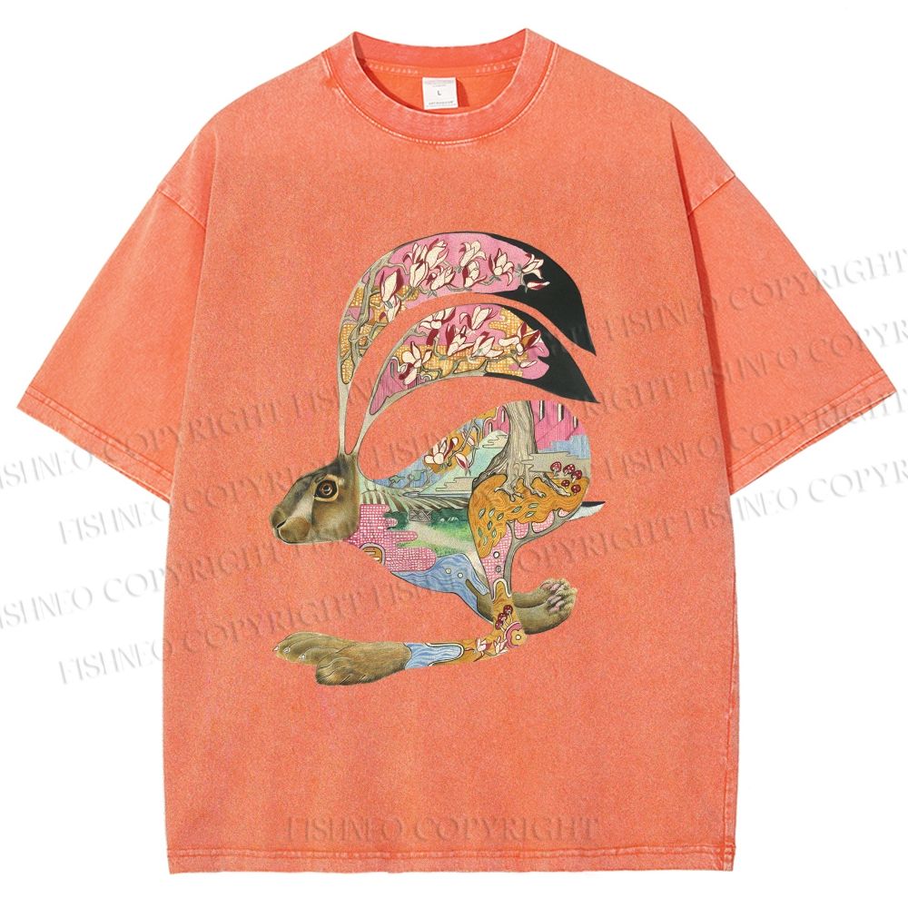 Unisex Floral Patchwork Hare Printed Washed Tee